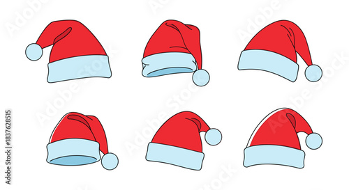 Set of six red and white Santa Claus hats in various positions, illustrated in a simple line art style for christmas designs.