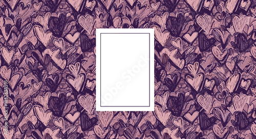 Dark and romantic background with a dense pattern of purple and pink sketched hearts, featuring a blank white rectangular frame.