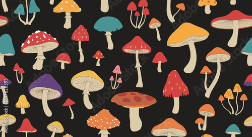 Colorful seamless pattern of various stylized mushrooms on a dark background, creating a retro, psychedelic, and magical forest floor.
