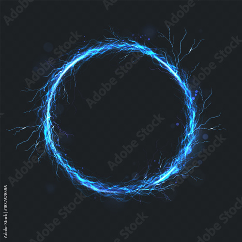 Vector illustration. Thunder and lightning glow halo circle on dark background.