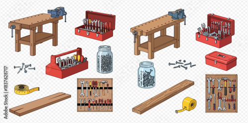 Woodworking Workshop Tools Collection Workbench Hand Tools Fasteners and DIY Equipment Set for Home Improvement 2dflat