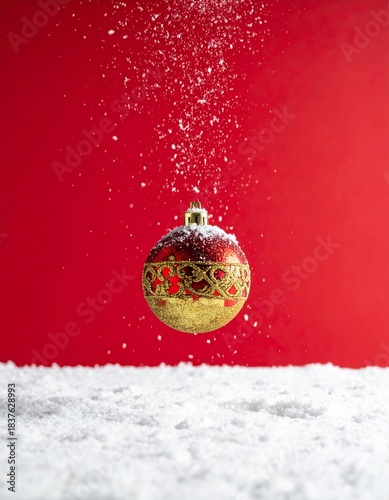 christmas red and golden single ball, floating in the air,