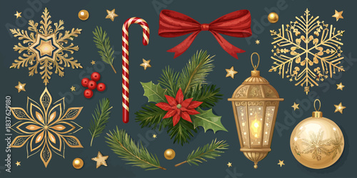 vector Christmas Ultra-premium Christmas vector set with elegant decorations, baubles, and festive elements for sophisticated holiday designs.