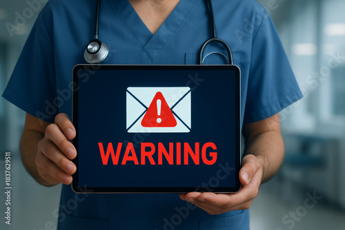 Serious doctor shows warning about healthcare data breach on tablet. Cyber security threat in medical system