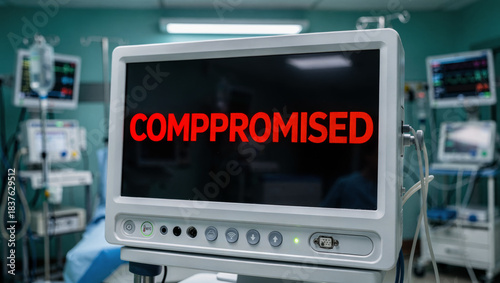 Alarming healthcare data breach showing compromised security system on hospital monitor for cybersecurity threat concept