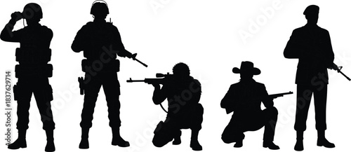 Armed figures, tactical poses, military gear, sniper stance, cowboy silhouette, secret agent, weapon ready, cad drawing flat vector illustration