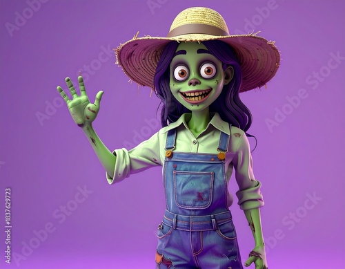 Cartoon zombie farmer in overalls waving hello, purple background