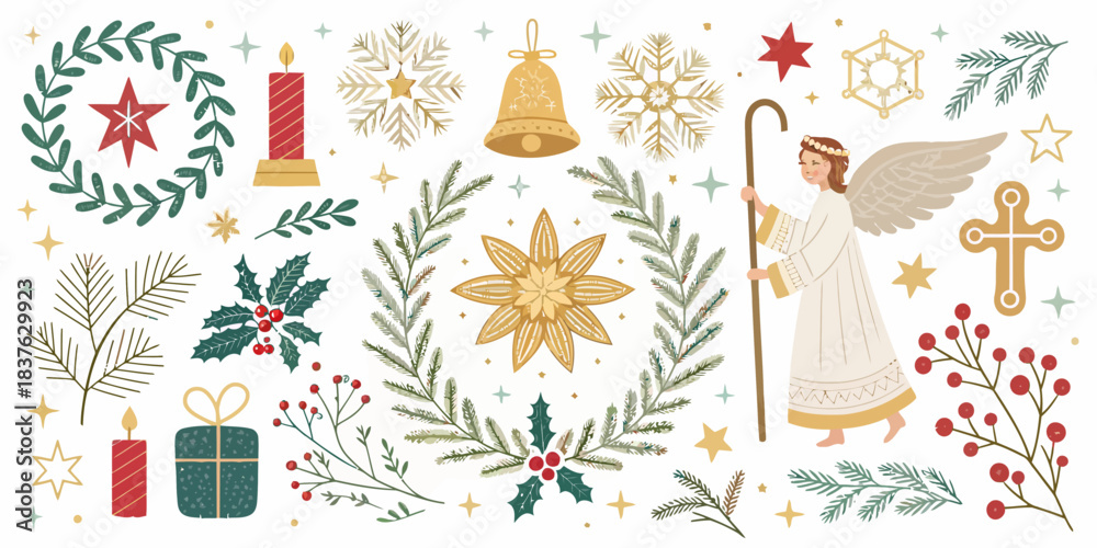 Obraz premium vector Christmas Traditional Christmas symbols vector set with timeless motifs for classic and elegant holiday greeting cards and designs.