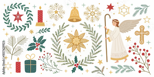 vector Christmas Traditional Christmas symbols vector set with timeless motifs for classic and elegant holiday greeting cards and designs.