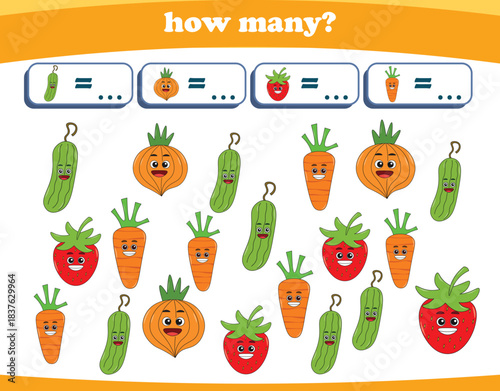 Counting game of fruits for preschool kids. Printable. Vector Illustration