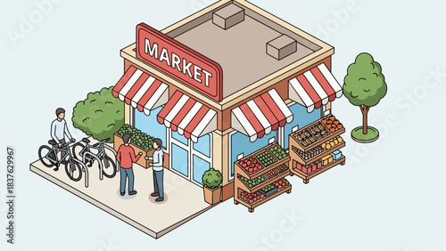 Outdoor market stall with fresh produce and shoppers at a neighborhood market area.