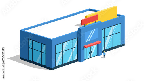 Blue Modern Building with Storefront and Glass Windows, A Contemporary Urban Exterior.