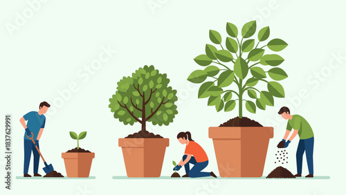 People Caring for Various Potted Plants in a Community Garden Scene.