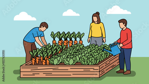Three people actively tending a vibrant raised garden bed filled with fresh carrots and leafy greens under a clear sky.