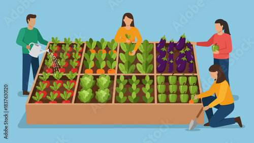 Four people collaboratively planting, watering, and harvesting fresh vegetables in a large raised garden bed.