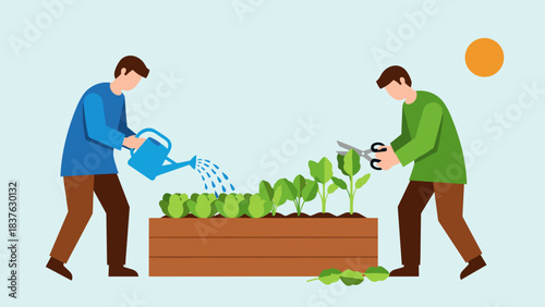 Two people tending and watering young plants in a small raised garden box under a bright sun.