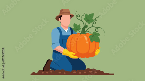 A male farmer wearing a hat and overalls kneels in soil, proudly holding a large freshly harvested orange pumpkin with green vines.