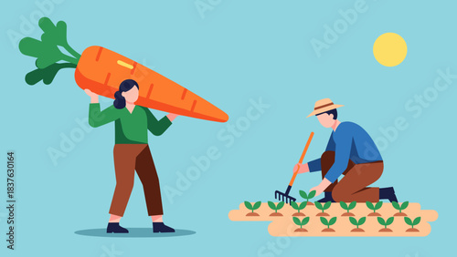 People Gardening Outdoors Under a Bright Sunny Sky with Carrot and Planting Activity.