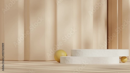 ceramic texture podium looping seamless shadow animation with yellow ball and pillar wall, 3d video render template mockup