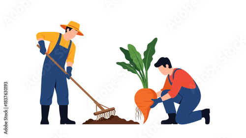 Two farmers cultivating a garden, one raking soil while the other harvests a large fresh carrot.