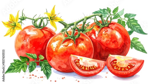 Fresh watercolor tomatoes on the vine, alongside sliced pieces, featuring green leaves and bright yellow flowers