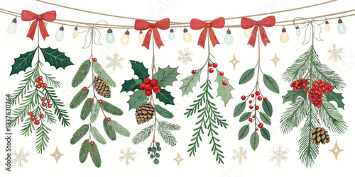 vector Christmas Christmas garland and swag builder pack with pine branches, berries, and ornaments for creating festive holiday designs.