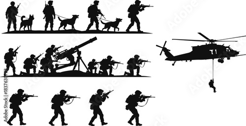 Military operations, tactical units, K9 soldiers, artillery crew, helicopter rappel, combat diversity, armed forces, cad drawing flat vector illustration