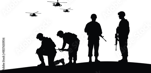 Military teamwork, helicopter formation, ground soldiers, tactical posture, war readiness, combat coordination, cad drawing flat vector illustration