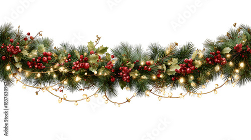 Realistic Christmas garland made of lush pine branches intertwined with golden ribbons, red berries, and fairy lights, elegant festive decoration isolated on white background 