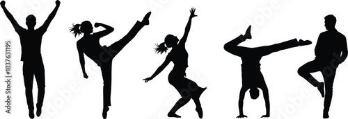 Silhouette dancers and athletes in dynamic poses, energetic movement art, fitness action illustration, martial and contemporary dance, cad drawing flat vector illustration