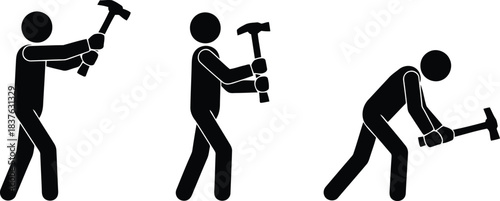 Black human figures show various hammering actions and tools on a clean white field