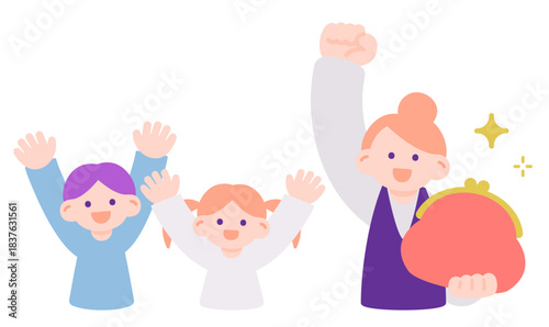 お財布を持って喜ぶ女性と子どもたちのイラスト