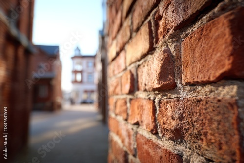A detailed close-up of brick texture with a softly blurred urban background.
