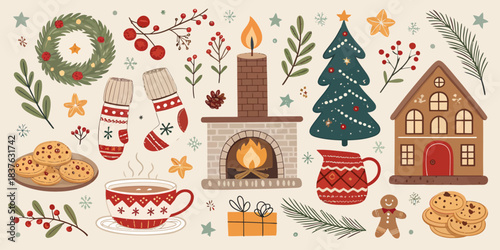 vector Christmas Cozy Christmas Home Vector Pack: Warm Interiors, Fireside Scenes, and Festive Decor Elements