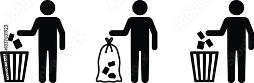 Simple black human stick figure icons demonstrating proper waste disposal practices for keeping areas clean