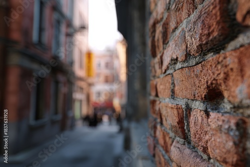 A detailed close-up of brick texture with a softly blurred urban background.
