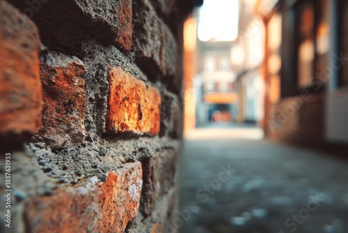 A detailed close-up of brick texture with a softly blurred urban background.