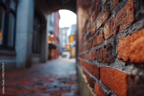 A detailed close-up of brick texture with a softly blurred urban background.