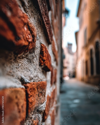 A detailed close-up of brick texture with a softly blurred urban background.
