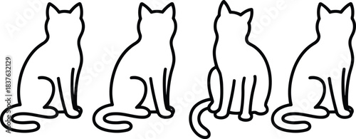 Simple line art outlines of four sitting cats in various poses looking left and right