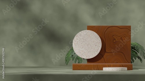 looping seamless shadow animation with green wall monstera plant, 3d video rendering blank mockup of natural terrazzo and wood podium
