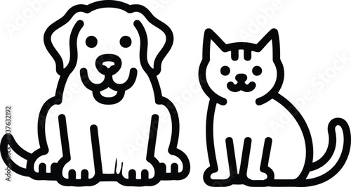 Simple line illustrations of a sitting dog and a cat calmly posing next to each other