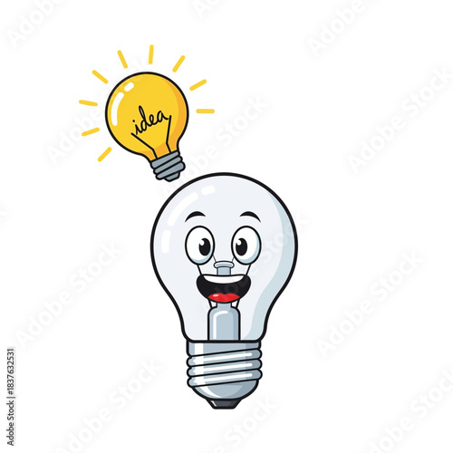 Cartoon lightbulb character with glowing idea bulb above its head representing sudden inspiration and creative thinking