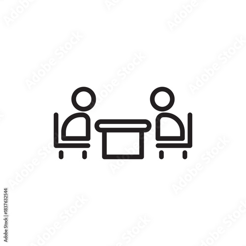 Interview icon symbolizing formal discussion, candidate assessment, and job dialogue, representing HR processes, talent acquisition, recruitment, selection, and professional meeting. Editable stroke.