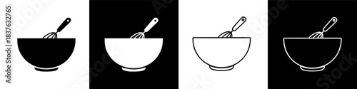 Simple line art illustrations of a bowl with a spoon, representing food preparation or serving