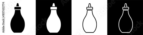Collection of black and white stylized illustrations of condiment squeeze bottles with caps