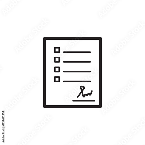 Application form icon symbolizing a formal document, checklist, and required signature, representing HR processes, admissions, submission, enrollment, and official request. Editable stroke outline.