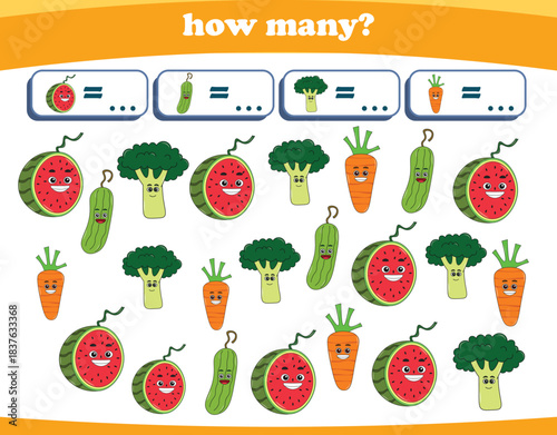 Counting game of fruits for preschool kids. Printable. Vector Illustration