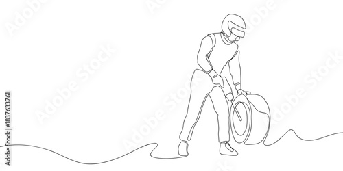 A mechanic changes the wheels of a car in a racing game in one continuous line. simple linear style. Doodle vector illustration Editable stroke.
