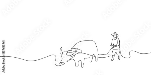 Farmers use buffaloes to plow the fields in one continuous line. simple linear style. Doodle vector illustration Editable stroke.